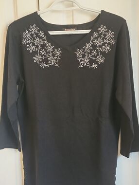 Black Embellished V-Neck Women's Top